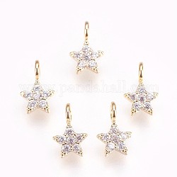 Brass Micro Pave Cubic Zirconia Charms, Nickel Free, Star, Clear, Real 18K Gold Plated, 8x5x1.5mm, Hole: 1.8mm