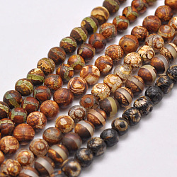 Natürliche Dzi-Perlenstränge im tibetischen Stil mit gemischtem Muster, gefärbt und erhitzt, Runde, ca. 6 mm, Bohrung: 2 mm, ca. 32 Stk. / Strang, 6.9 Zoll