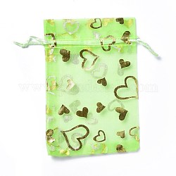 Sacchetti per gioielli con coulisse in organza, sacchetti regalo per feste di matrimonio, rettangolo con motivo a cuore stampato in oro, verde chiaro, 15x10x0.11cm