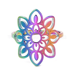 Chapado en iones (ip) 304 anillo ajustable de flor hueca de acero inoxidable para mujer, color del arco iris, diámetro interior: 16.6 mm