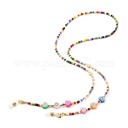Perles de rocaille de verre chaînes de lunettes, avec perles coeur en pâte polymère, tour de cou pour lunettes, avec des embouts de boucle en caoutchouc, colorées, 680mm