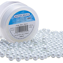 Benecreat 8mm perle ronde en verre nacré teint environnemental pour la fabrication de bijoux avec récipient à perles (blanc, environ 200 pièces)