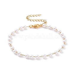 Pulseras redondas de cuentas de perlas de imitación de plástico, con chapado al vacío 304 cadenas de freno de acero inoxidable, blanco, dorado, 6-3/4 pulgada (17 cm)