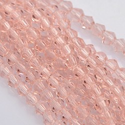 Bicone cuentas de vidrio hebras, facetados, rosa, 3.5x3mm, agujero: 1 mm, aproximamente 125~130 pcs / cadena, 13.8 pulgada