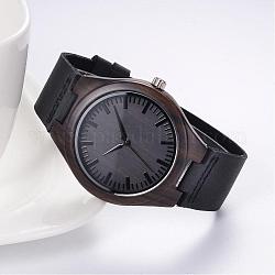 Кожа наручные часы, с деревянными фурнитурами часы головы и сплавов, чёрные, 260x28x2 мм, голова часов : 52x48x12 мм, лицо часов : 37 мм