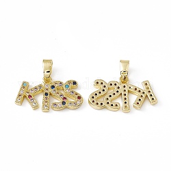 Brass Micro Pave Cubic Zirconia Pendants, Word KISS Charm, Real 18K Gold Plated, 11.5x20x2mm, Hole: 3x5.5mm