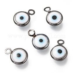Handmade Evil Eye Lampwork Charms, with Brass Findings, Flat Round, Blue, Gunmetal, 10x6.5x3mm, Hole: 1.5mm