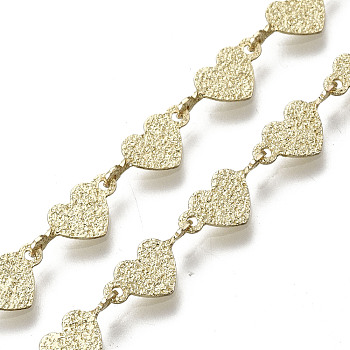 Brass Heart Link Chains, Long-Lasting Plated, Textured, Unwelded, Light Gold, 5x11x2.5mm