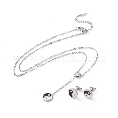 Feng Shui 304 Stainless Steel Jewelry Sets, Necklaces and Stud Earrings,  with Rhinestone and Enamel, Yin Yang, Stainless Steel Color, 16.93