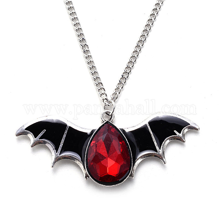 Halloween Themed Glass Bat Pendant Necklace with Enamel HAWE-PW0001-219B-1