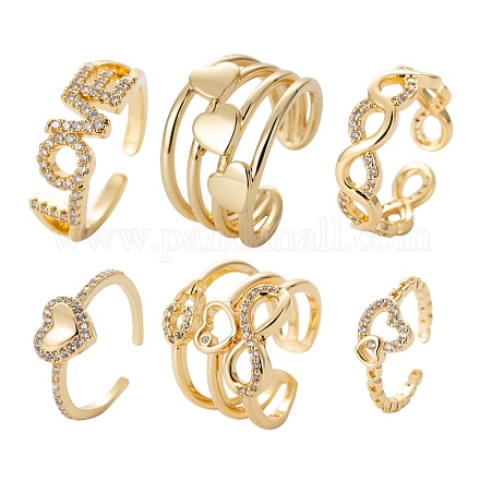 6Pcs 6 Styles Brass Micro Pave Clear Cubic Zirconia Cuff Rings RJEW-LS0001-45G-1