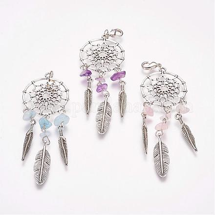 Woven Net/Web with Feather Alloy Big Pendants HJEW-PH00855-1