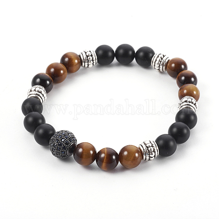 Natural Tiger Eye and Natural Black Agate(Dyed) Beads Stretch Bracelets BJEW-JB04005-01-1