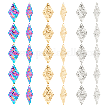 DICOSMETIC 30Pcs 3 Colors Flat Rhombus Charms Geometric Pendants Textured Golden and Rainbow Color Laser Cut Charms Metal Plated Surface Pendants for Jewelry Making STAS-DC0012-44-1