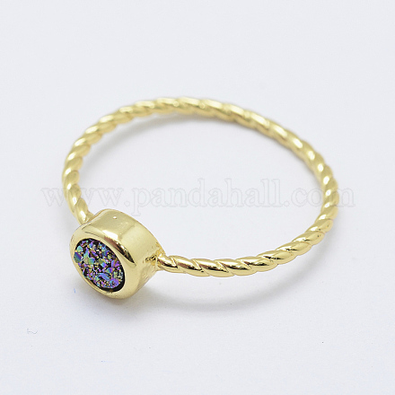 天然石ドゥルージー瑪瑙指輪  真鍮パーツ  サイズ8  ゴールドカラー  マルチカラーメッキ  18mm RJEW-L079-D06-G-1