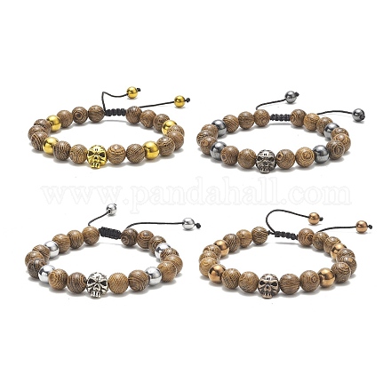 4 pièces 4 couleurs en bois naturel et alliage crâne et ensemble de bracelets de perles tressées en hématite synthétique BJEW-JB09214-1