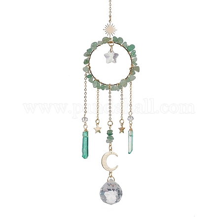 Natural Green Aventurine Chip Pendant Decorations with Brass Moon & Cable Chain & Electroplated Quartz Crystal Tassel HJEW-JM01650-01-1