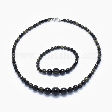 Natürliche Obsidian-Halsketten und Armbänder mit Schmucksets SJEW-L132-07-1