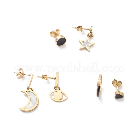 3 Pair 3 Style Synthetic Shell Moon & Rhinestone Star & Heart Asymmetrical Earrings EJEW-B020-17G-1