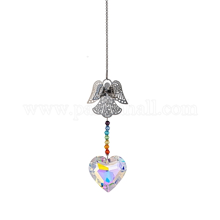 Glass Heart Sun Catcher Hanging Prism Ornaments with Iron Angel HJEW-PW0002-14E-1