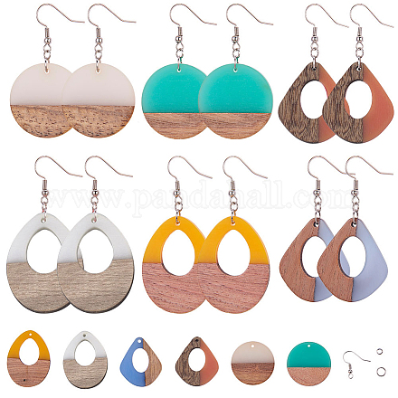SUNNYCLUE 1 Bag 6 Pairs Resin Wood Pendant Acrylic Resin Earring Making Kit Bohemian Round Square Drop Mottled Earring Jewelry Arts Craft for Beginners Women DIY-SC0007-05-1