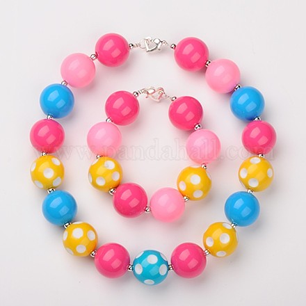Chunky Round Bubblegum Acrylic Beads Jewelry Sets: Bracelets & Necklaces SJEW-JS00778-03-1