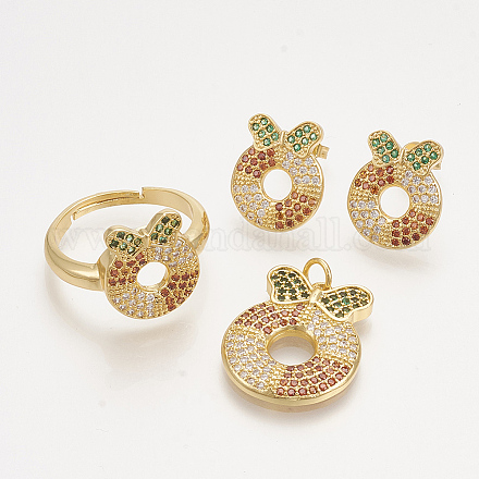 Ciondoli in ottone con zirconi cubici e orecchini a bottone e anelli regolabili set di gioielli SJEW-S043-15-1