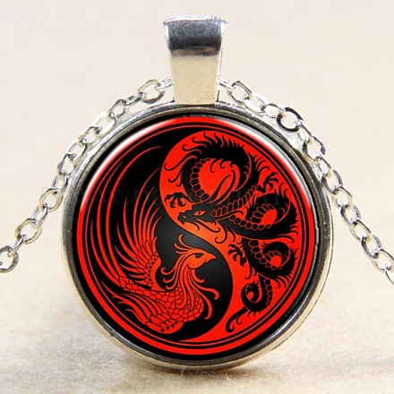 Feng Shui Yin-Yang with Dragon and Phoenix Pattern Flat Round Glass Pendant Necklaces NJEW-N0051-010B-02-1