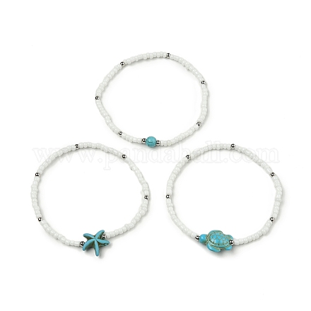 Set di braccialetti elasticizzati con perline di semi di turchese sintetico e semi di vetro da 3 stile 3 BJEW-TA00375-01-1