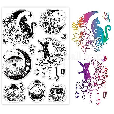 GLOBLELAND Moon and Cat Clear Stamps for DIY Scrapbooking Fairy Tale Mushroom Silicone Clear Stamp Seals 21x15cm Transparent Stamps for Cards Making Photo Album Journal Home Decoration DIY-WH0371-0033-1