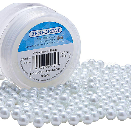 Benecreat 8mm umweltgefärbte perlmuttfarbene Glasperle runde Perle für die Schmuckherstellung mit Perlenbehälter (weiß HY-BC0001-8mm-RB001-1