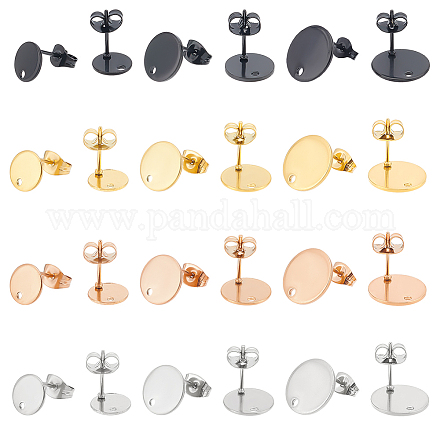 UNICRAFTALE About 48Pcs 4 Colors 3 Sizes 304 Stainless Steel Stud Earring Findings with Ear Nuts 0.8mm Pin Hypoallergenic Flat Round Earring Post with Hole Earring Studs Components for Earring Making STAS-UN0039-36-1