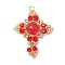 Natural Malaysia Jade(Dyed) & Glass & Brass Beaded Pendants, Cross Charms, Golden, Red, 33x26x8mm, Hole: 2.8mm