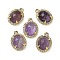 Natural Amethyst Faceted Oval Pendants, Rack Plating Brass Micro Pave Cubic Zirconia Charms, Golden, 15.5x11x4.5mm, Hole: 1.4mm
