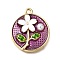 Alloy Enamel Pendants, with ABS Imitation Pearl, Flat Round with Flower, Rack Plating, Long-Lasting Plated, Lead Free & Cadmium Free & Nickel Free, Golden, Purple, 24x21.5x5mm, Hole: 1.8mm