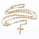 十字架クロスとロザリオビーズのネックレス  イースターのための304のステンレス鋼のネックレス  ゴールドカラー  25.59インチ（65cm）  4mm NJEW-L450-10G-1