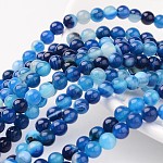 Natural Striped Agate/Banded Agate Beads, Dyed, Round, Blue, Size: about 6mm in diameter, hole: 1mm, 63pcs/strand, 15.5 inch