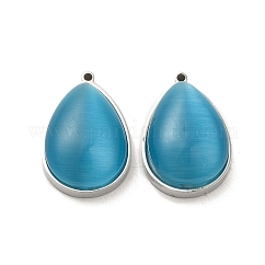 Colgantes de acero inoxidable 304, con ojo de gato, lágrima, cielo azul profundo, 22x14x7.4mm, agujero: 1.4 mm