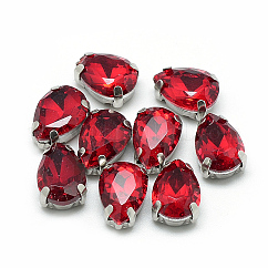 Coudre sur strass, liens multi-brins, Strass en verre, avec 201 griffes en acier inoxydable, accessoires de vêtements, facette, larme, rouge, 10x7x5mm, Trou: 0.8~1mm