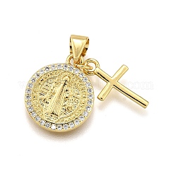 Estante de placas micro latón allanan colgantes de circonio cúbico, San Benito con cruz, sin plomo y cadmio, Plateado de larga duración, real 18k chapado en oro, 15.5x13x2mm, agujero: 4.5x4 mm