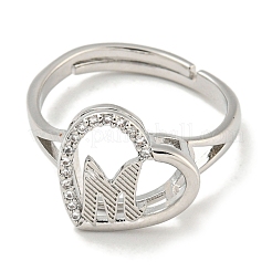 Anillos ajustables de circonita cúbica micro pavé de latón chapado en forma de corazón con letras para mujer&nbsp;RJEW-I105-06P-M