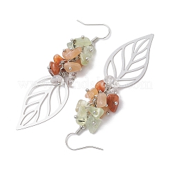 Foglia 201 acciaio inossidabile cristallo di quarzo naturale e prehnite naturale e corniola naturale e orecchini pendenti con chip di pietra del sole naturale&nbsp;EJEW-JE06138-03