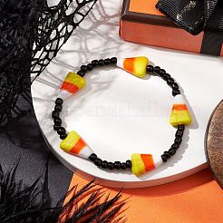 Braccialetti elasticizzati con perline di semi neri e decorazioni di mais di Halloween in muratura fatti a mano per donna e uomo&nbsp;BJEW-JB10459
