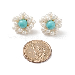 Synthetische grüne Türkis- und Muschelperlen-Ohrstecker mit geflochtenen Blumen&nbsp;EJEW-TA00161