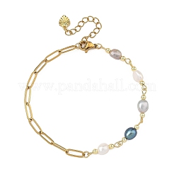 Bracelets en perles de riz naturelles avec chaînettes en acier inoxydable 304 de type trombone&nbsp;BJEW-JB14234-01