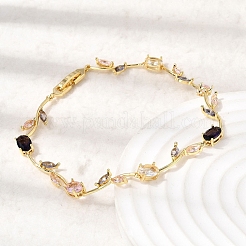 Blätterförmige Messing-Gliederarmbänder mit Mikropavé-Zirkonia-Fassung für Damen&nbsp;BJEW-D455-01G-05