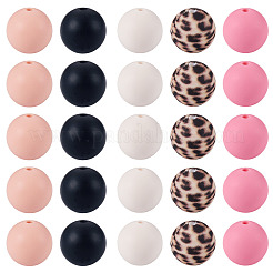 50 pz 5 colori perline in silicone kit perline in silicone sciolte perline in silicone con stampa leopardata per portachiavi creazione bracciale collana&nbsp;SIL-TA0003-35A