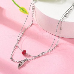 Doppellagige Halsketten für Damen aus 304 Edelstahl und gefärbter natürlicher weißer Jade mit Federanhänger&nbsp;NJEW-A045-20P