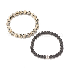 Ensemble de bracelets extensibles en jaspe dalmatien naturel et roche de lave 2pcs 2 styles&nbsp;BJEW-JB08193-02