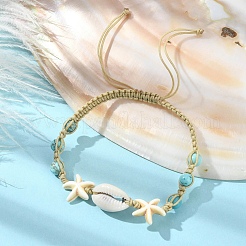 Armband aus natürlichen Muscheln und synthetischen türkisfarbenen geflochtenen Perlen&nbsp;BJEW-TA00416-01